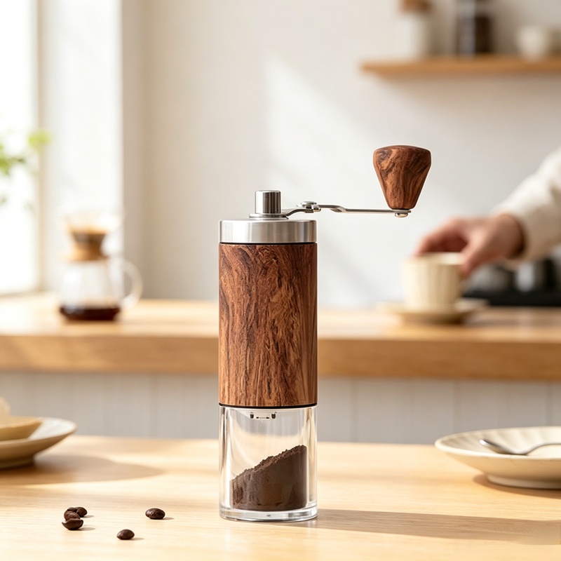 Burr Hand Grinder - ポータブル木目調手動コーヒーグラインダー、ステンレス製クランク式手動コーヒー豆ミル、家庭用キッチンアクセサリー