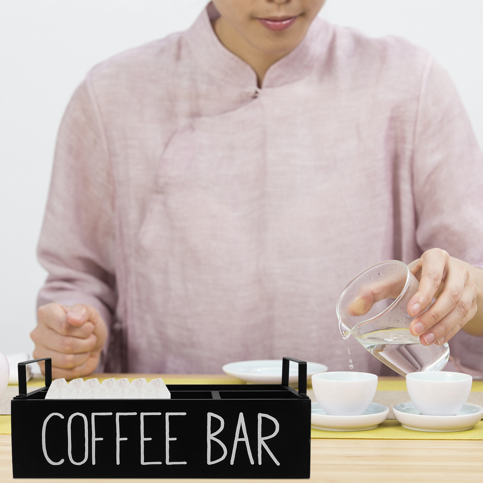 Coffee Tea Sugar - 木製ティーバッグ収納ケース。仕切り付きで、コーヒー、紅茶、砂糖などをまとめて収納できる大容量の収納ボックス。カウンタートップに置ける。
