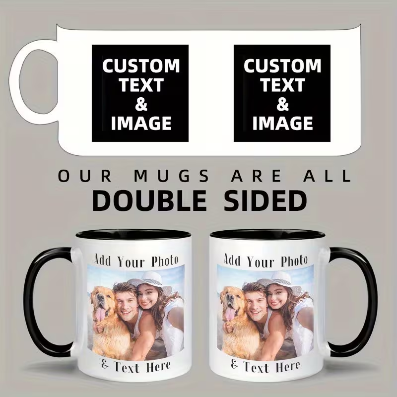 Coffee Tea Name - オリジナルデザインの両面写真・テキスト・ロゴ入りセラミック製コーヒーマグ。DIYギフト、カップルギフト、企業向け記念品として最適。